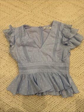 DO+BE Powder Blue Swiss Dot Ruffle Peplum Blouse